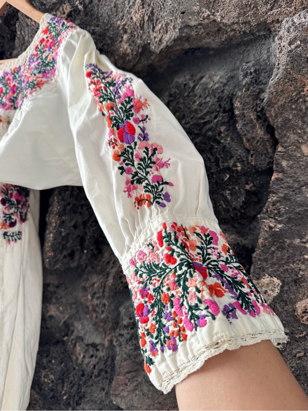 Vintage 60s 70s Cotton Oaxacan Maxi Dress w/ Colorful Floral Hand-Embroidery Med - Picture 7 of 16